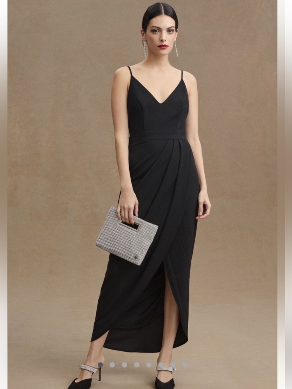 BHLDN Lyra Dress in Black - v-neck faux-wrap midi crepe dress
